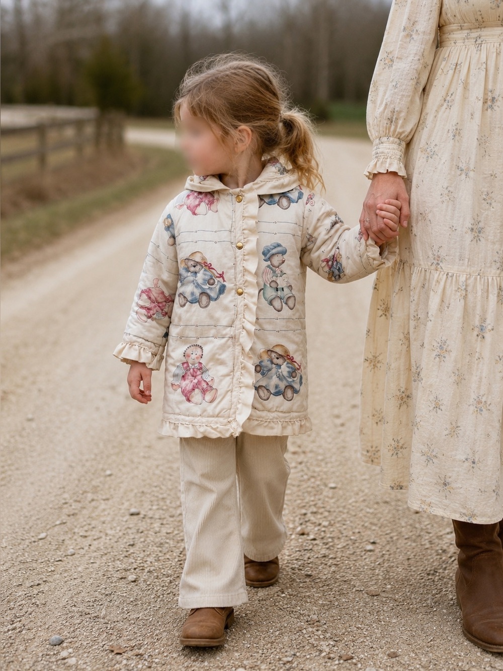 Vintage Children's Hooded Quilted Jacket with Doll Print - Cream 4-5T